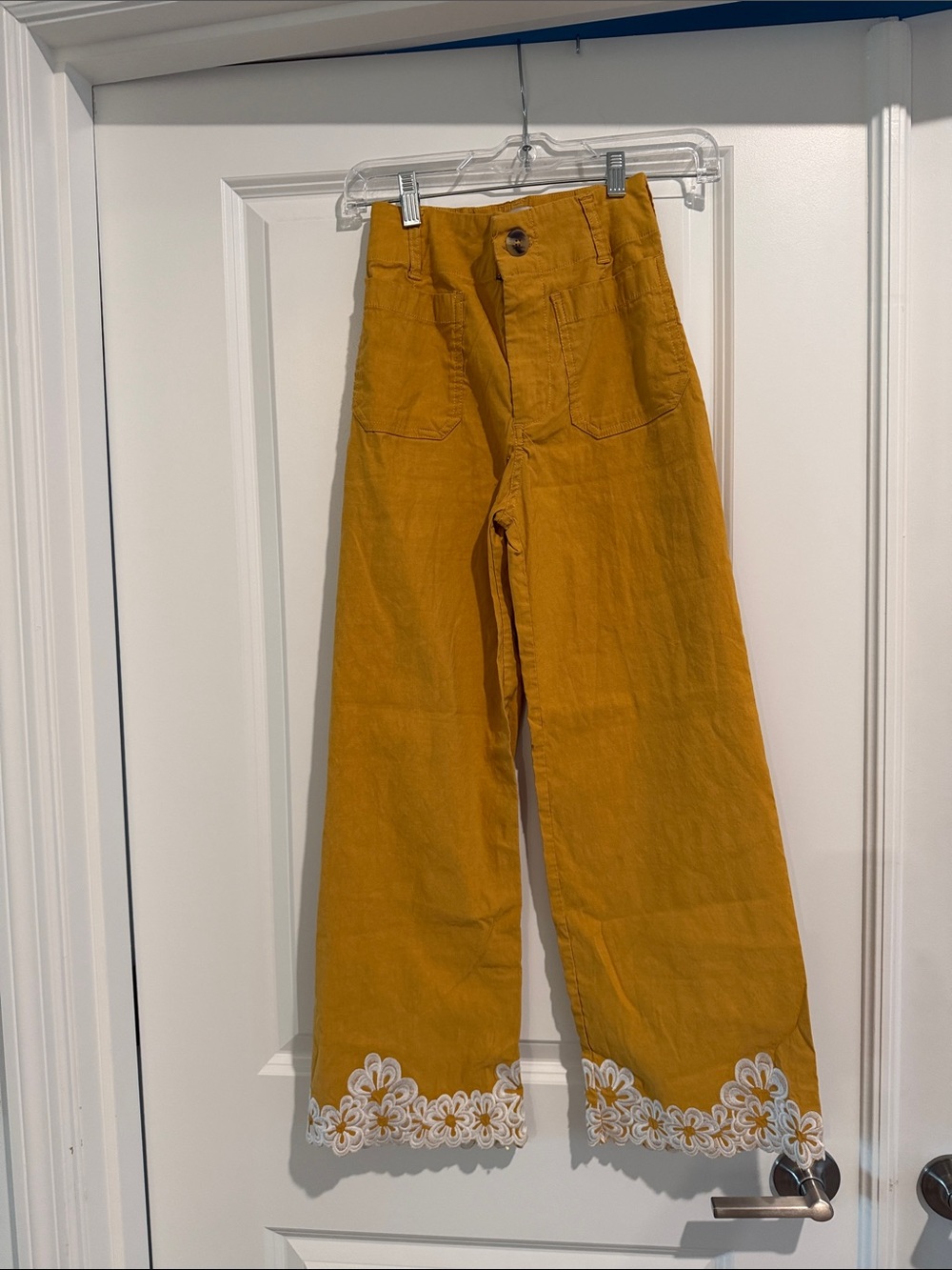 Maeve Mustard Yellow Wide-Leg Pants with Embroidered Hem